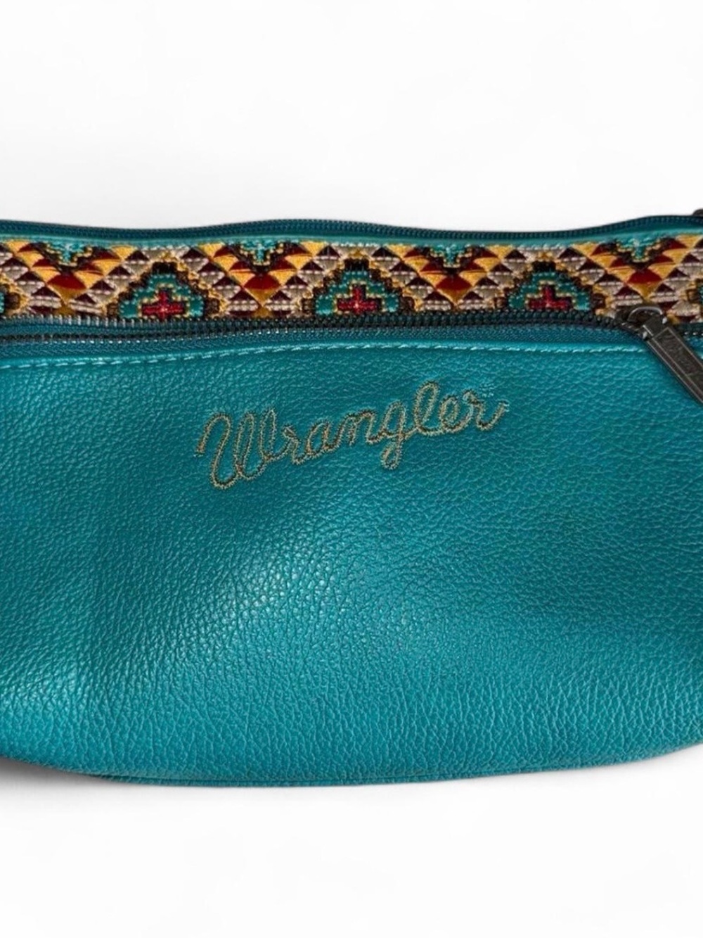 Wrangler Teal Leather Wristlet with Embroidered Geometric Trim